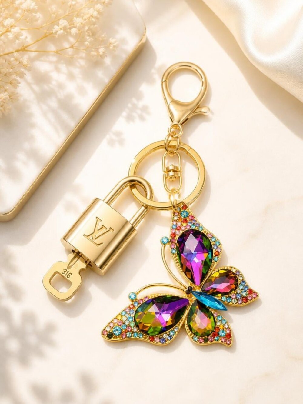 Authentic Louis Vuitton Gold Lock & Key ✨ Bag Charm Unbranded Butterfly Keychain